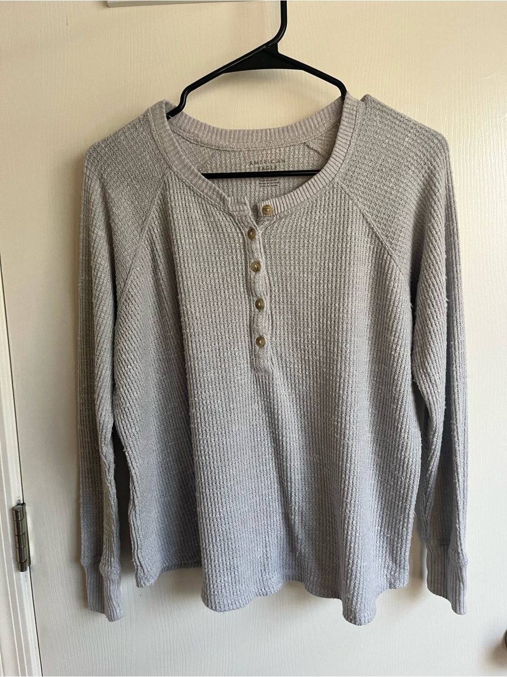 American Eagle Outfitters Light Gray Waffle Henley Sweater